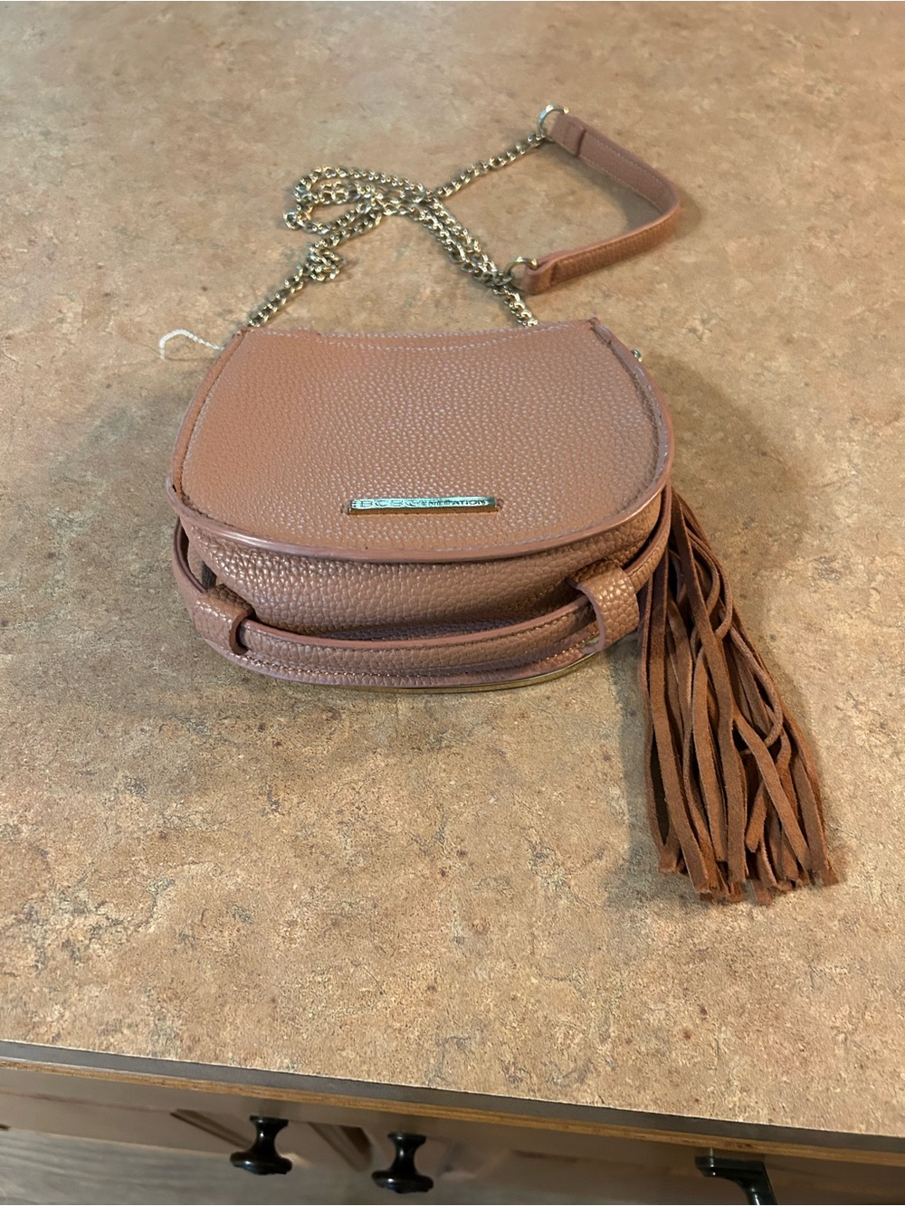 Textured Tan Crossbody Saddle Bag with Tassel